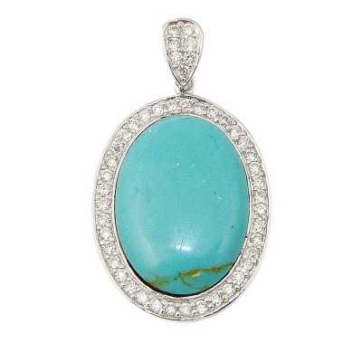 Sterling Silver Pendant 29X22mm Faux Turquoise Clear Cubic Zirconia Outline