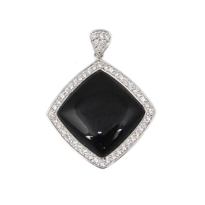 Sterling Silver Pendant Onyx Rhombus with Clear Cubic Zirconia Outline