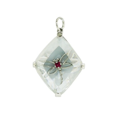 Sterling Silver Pendant 25X20mm Clear Cubic Zirconia Rhombus+Open Synthetic.Ruby#5 Dra