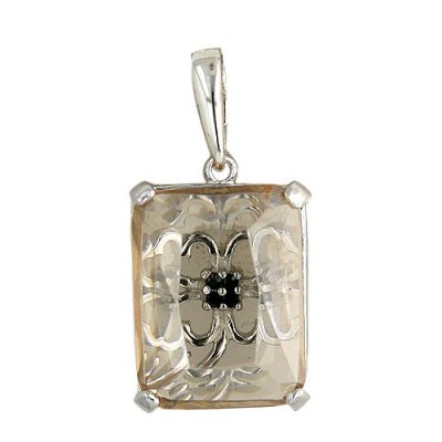 Sterling Silver Pendant (17X13mm) Rectangular Champagne Cubic Zirconia with Open Black Cubic Zirconia Flower