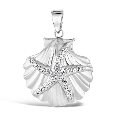 Sterling Silver Pendant 19mm Clear Cubic Zirconia Starfish Shell Line Texture with F