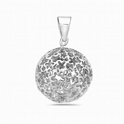 Sterling Silver Pendant 19mm Plain Open Ball Flower--Rhodium Plating/Nickle Free--