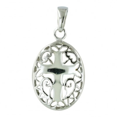 Sterling Silver Pendant 19X15mm Plain Open Oval with Bold Cross+Swirl