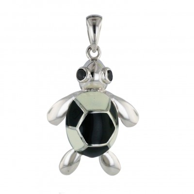 Sterling Silver Pendant Black+White Enamel Turtle