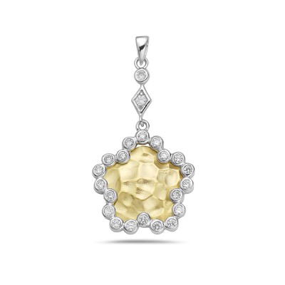 Sterling Silver Pendant 19X19mm 2 Tone Gold Hammered Star with Clear Cubic Zirconia