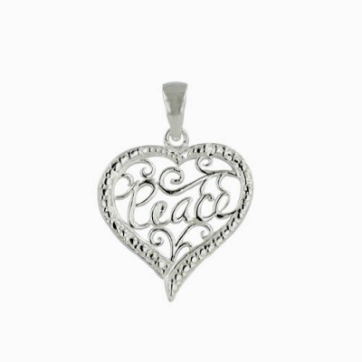 Sterling Silver Pendant Plain Open Swirl Heart with "Peace"--Rhodium Plating/Nickle Free-