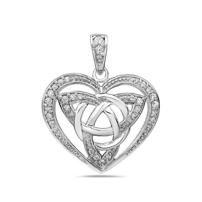Sterling Silver Pendant 26mm Clear Cubic Zirconia Heart with Celtic Love Knot