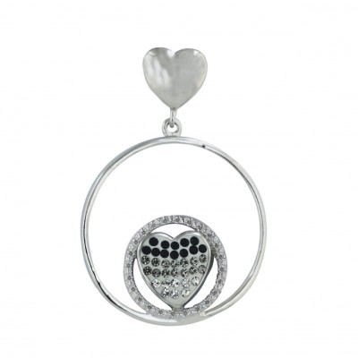 Sterling Silver Pendant 11mm Black Diamond+Bk+Clear Jk Crystal Heart Cir