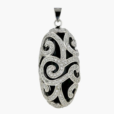 Sterling Silver Pendant 38X20mm Onyx Cabochon Oval with Clear Cubic Zirconia Filigre