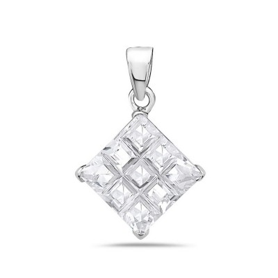 Sterling Silver Pendant 8X8mm Clear Cubic Zirconia Tic-Tac-Toe Cut Square