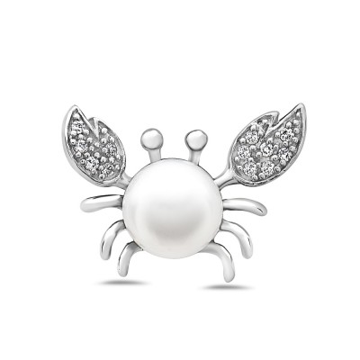 Sterling Silver Pendant 9mm White Fresh Water Pearl Pearl with Clear Cubic Zirconia Arm Crab--Rhodium Plating/