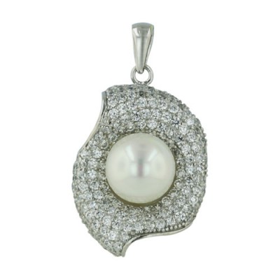 Sterling Silver Pendant 13mm White Mother of Pearl Pearl Shell on Clear Cubic Zirconia Lea