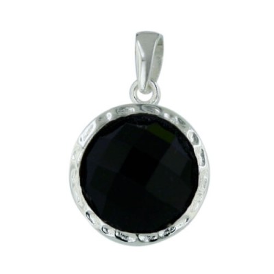 Sterling Silver Pendant 13mm Onyx Round Chess Cut with Hammerred Shra