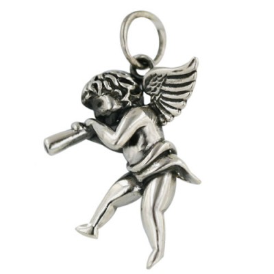 Sterling Silver Pendant 24X21mm Plain Cupid Angel Oxidized