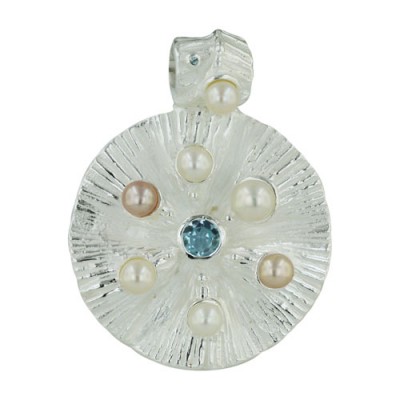 Sterling Silver Pendant Peach+White Freshwater Pearl+Blue Topaz Ge
