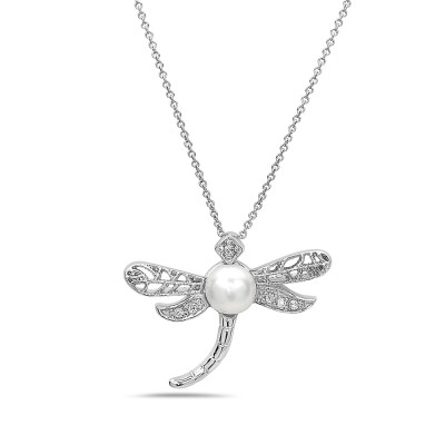 Sterling Silver Pendant with 6mm Shell Pearl&Cz Dragonfly