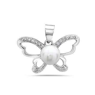Sterling Silver Pendant with 8mm Shell Pearl&Cz Open Butterfly