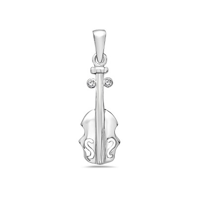 Sterling Silver Pendant Violin 20mm Length Two Cubic Zirconia on both