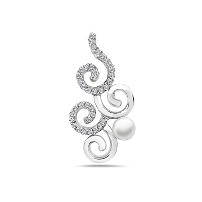 Sterling Silver Pendant Clear Cubic Zirconia with White Fresh Water Pearl Cubic Zirconia Scroll Line +Rhodium Plating