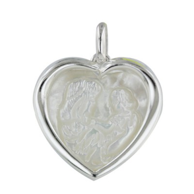 Sterling Silver Heart Pendant with Mother and Child Cameo-E-Coa
