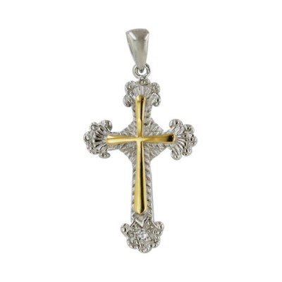 Sterling Silver Pendant 24-15mm Rhodium Plating Plating Cross with Gold Plating Cr