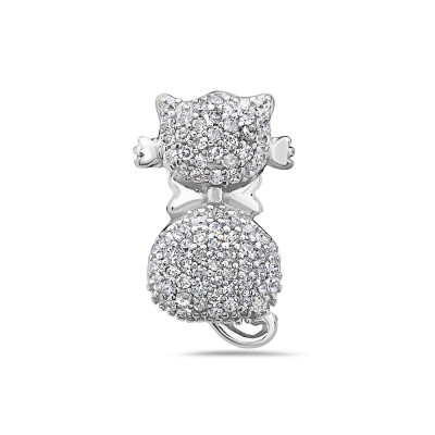 Sterling Silver Pendant of A Cat with Clear Cubic Zirconia