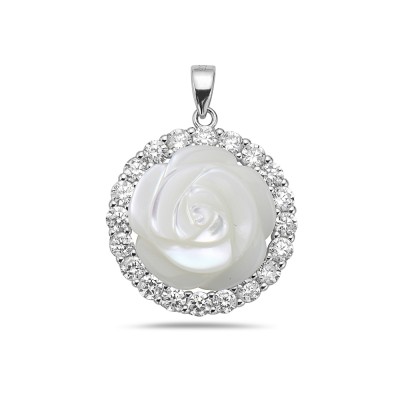 Sterling Silver Pendant with 14mm Mother of Pearl Flower with Circle Clear Cubic Zirconia B