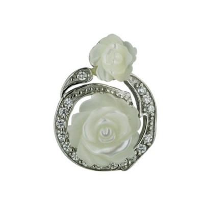 Sterling Silver Pendant with 2 Mother of Pearl Flower with Clear Cubic Zirconia