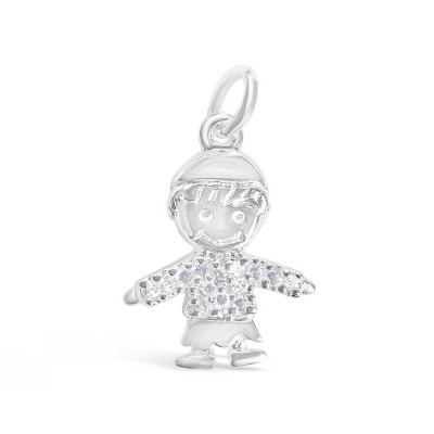 Sterling Silver Pendant Smiling Boy with Hat with Clear Cubic Zirconia Shirt-E-coated