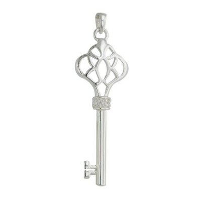 Sterling Silver Pendant 43mm Key with Filigree Handle with Clear C