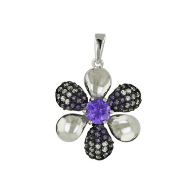 Sterling Silver Pendant 6 Petals Flower Amy Cubic Zirconia Center