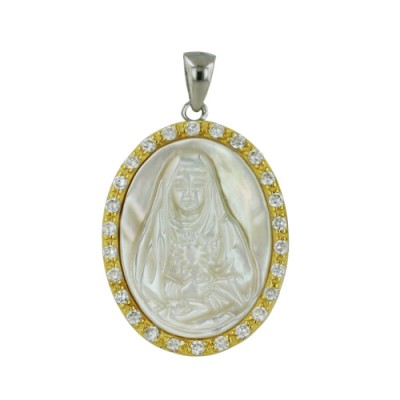 Sterling Silver Pendant Oval Mother of Pearl Engraved Maria Cameo with Clear Cubic Zirconia Arou