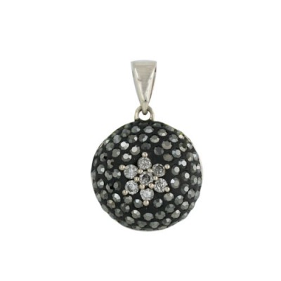 Sterling Silver Pendant 19.25mm Round Dome Black Cubic Zirconia Pave Ferido with Clear
