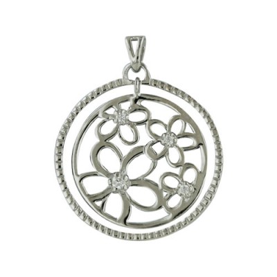 Sterling Silver Pendant Filigree Circle with Flowers Clear Cubic Zirconia Enter