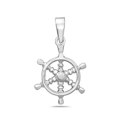 Sterling Silver Pendant Nautical Wheel Plain Silver -Rhodium Plating-