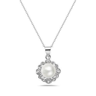 Sterling Silver Pendant 8mm Mother of Pearl with Clear Cubic Zirconia Surround