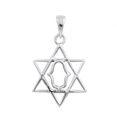 Sterling Silver Pendant Outline Star of David+Hand -E-Coat-