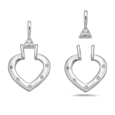 Sterling Silver Pendnt 2Pcs Open Heart with Clear Cubic Zirconia+Clear Trian. Cubic Zirconia