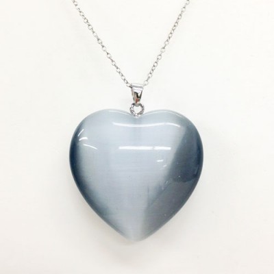 Sterling Silver Pendant 33X34mm Heart Cat Eye Stone Gray