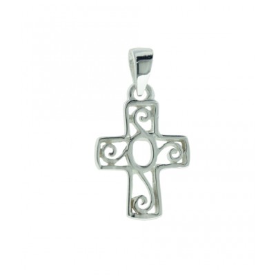 Sterling Silver Pendant Plain Open Cross Curls+Oval Design
