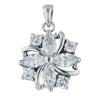Sterling Silver Pendant Flower Clear Cubic Zirconia (Marquis+Rd)