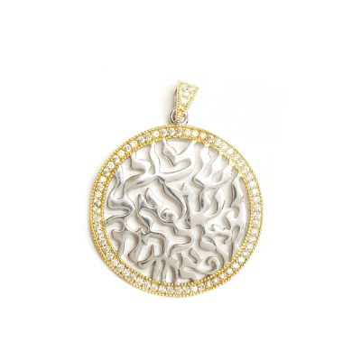 Sterling Silver Pendant 25mm Rd Shema with Clear Cubic Zirconia -Rh+Gold-