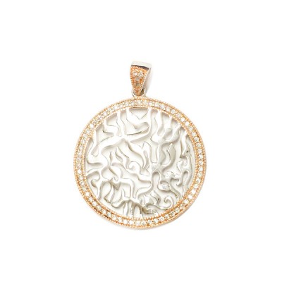 Sterling Silver Pendant 25mm Rd Shema with Clear Cubic Zirconia -Rh+Rose-