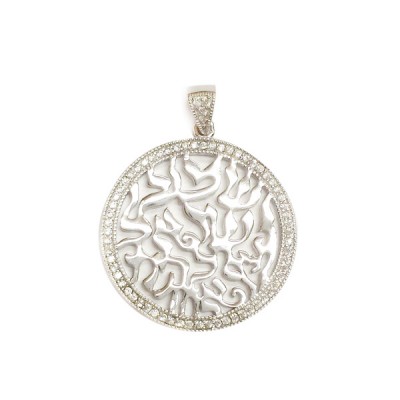 Sterling Silver Pendant 25mm Rd Shema with Clear Cubic Zirconia -Rh+Rh-