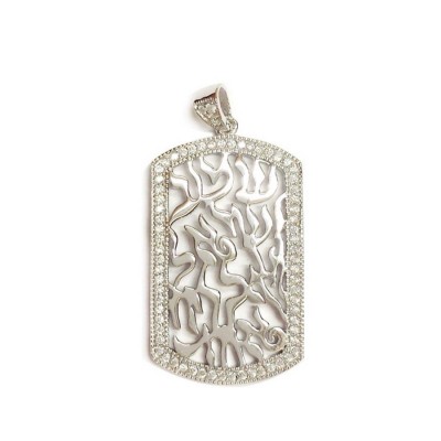 Sterling Silver Pendant Shema Tag Small with Clear Cubic Zirconia -Rh+Rh-