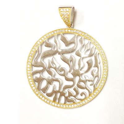 Sterling Silver Pendant 25mm Rd Shema with Clear Cubic Zirconia -Rh+Gold-