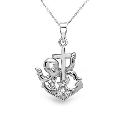 Sterling Silver Pendant Clear Cubic Zirconia Anchor with Octopus