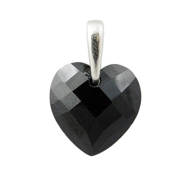 STERLING SILVER PENDANT BLACK CUBIC ZIRCONIA CHESS CUT HEART WITH BAIL