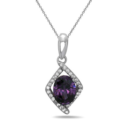 STERLING SILVER PENDANT RHOMBUS AMETHYST CUBIC ZIRCONIA
