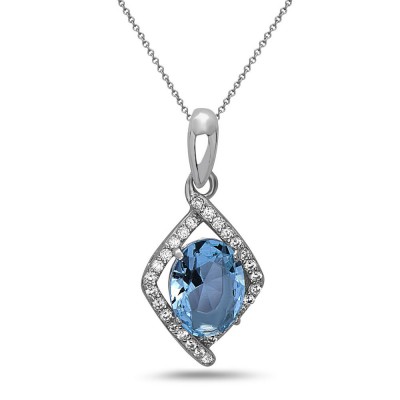 STERLING SILVER PENDANT RHOMBUS OVAL AQUA BLUE GLASS